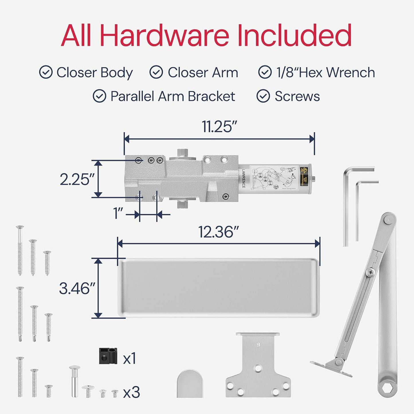 Lawrence Extra Heavy Duty Door Closer Commercial Grade 1 - Adjustable 6-Speed Delayed-Action Door Control with 3 Pistons – Flexible Installation with Included Hardware - Lawrence Hardware LH8016